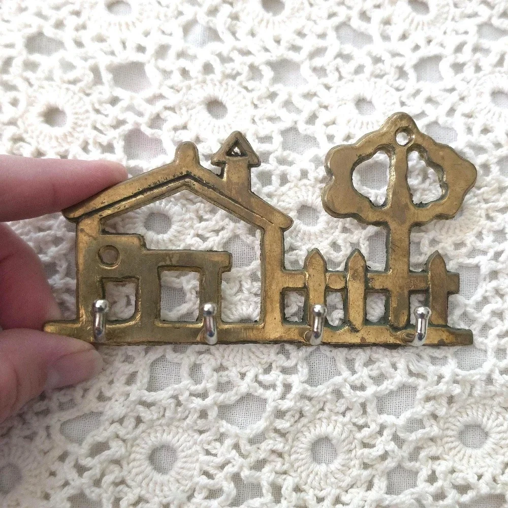 Vintage Brass Key Holder, House Shaped Wall Hook